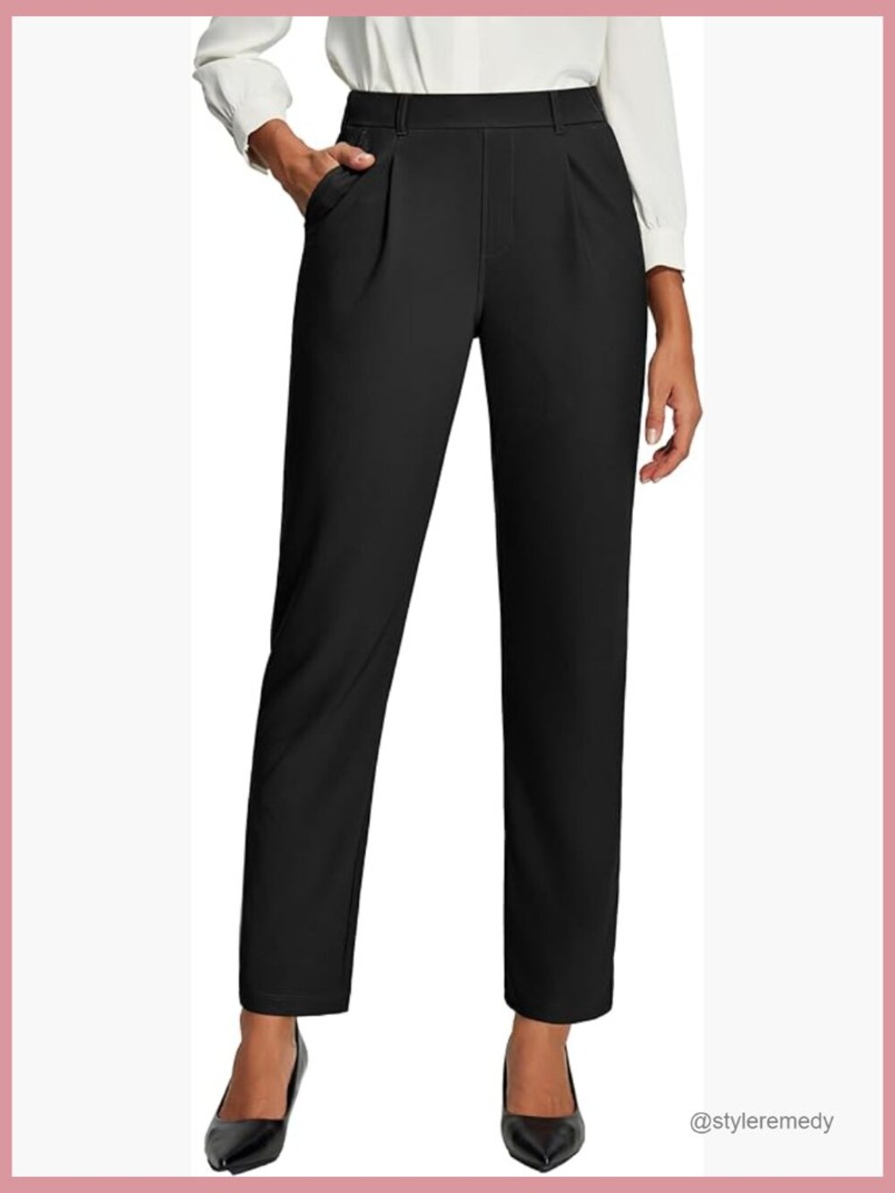 High Waisted Pull On Work Pants with Pockets, Stretchy Polyester Slacks